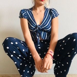 BE COOL Navy Blue Striped Tie-Front Crop Top